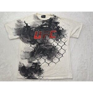 Vintage UFC Shirt Men L White Black Tee MMA Y2K All Over AOP Wings Cage VTG